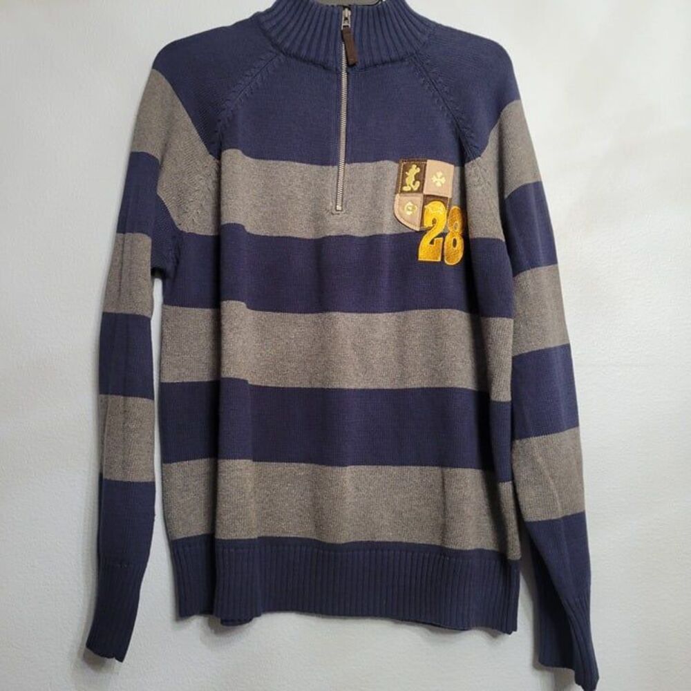 Disney Store 1/4 Zip Navy Gray Striped Mickey 1928 Knit Rugby Sweater Medium